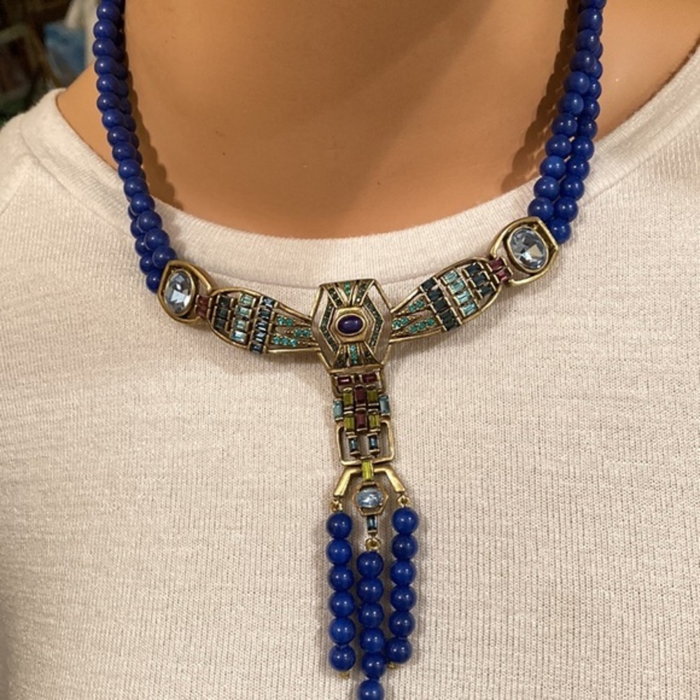 LaVintage Kathy Levine Art Deco style blue rhinestone necklace